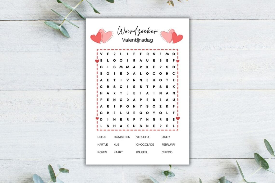 Valentijnsdag woordzoeker printable